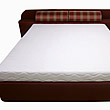Čalouněná postel na míru. Matrace je vyrobena vcelku. Potah postele je ušit z potahové textilie Skotsko.